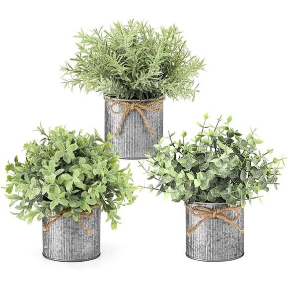 Mini Fake Plants in Farmhouse Galvanized Metal Pots Table Centerpiece Rustic - Picture 1 of 7